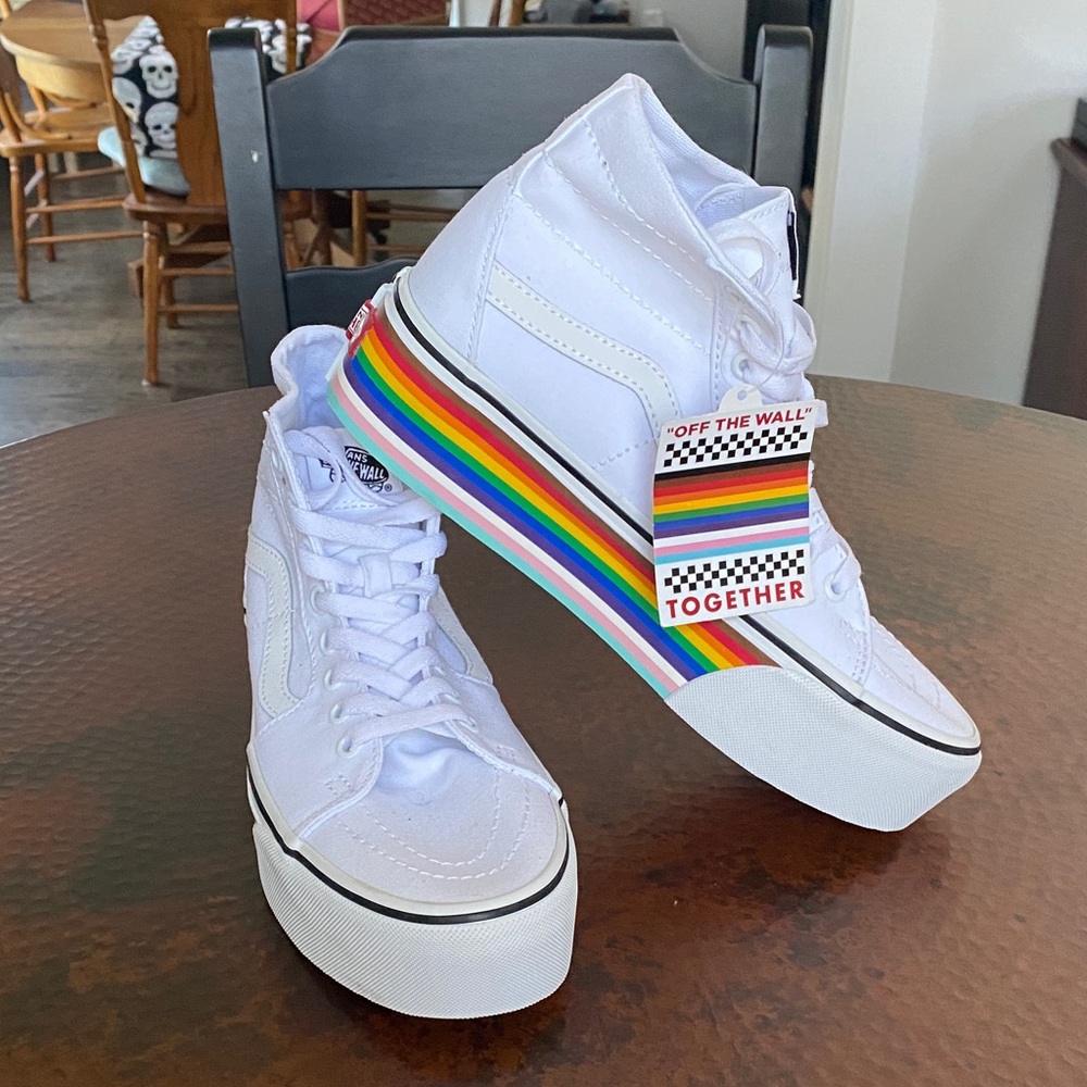 Vans White High-Tops with Rainbow Platform Sole